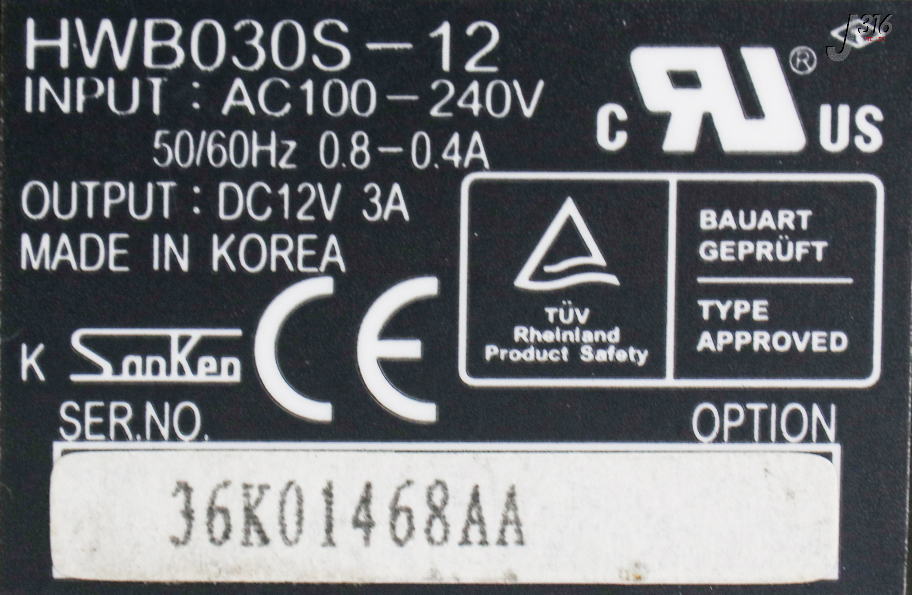 17024 SANKEN PS INPUT AC100-240V 08.-0.4A OUTPUT DC12V 3A HWB030S